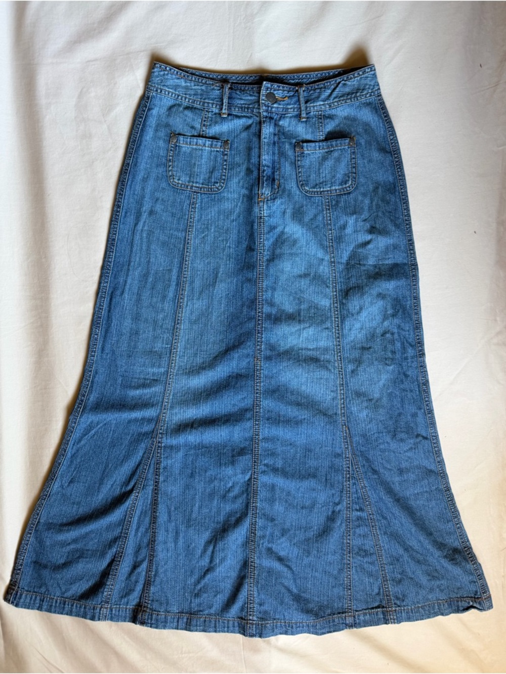 Chico’s Denim Maxi Skirt A-Line Flare Long Blue Casual Y2K Size 0.5 S